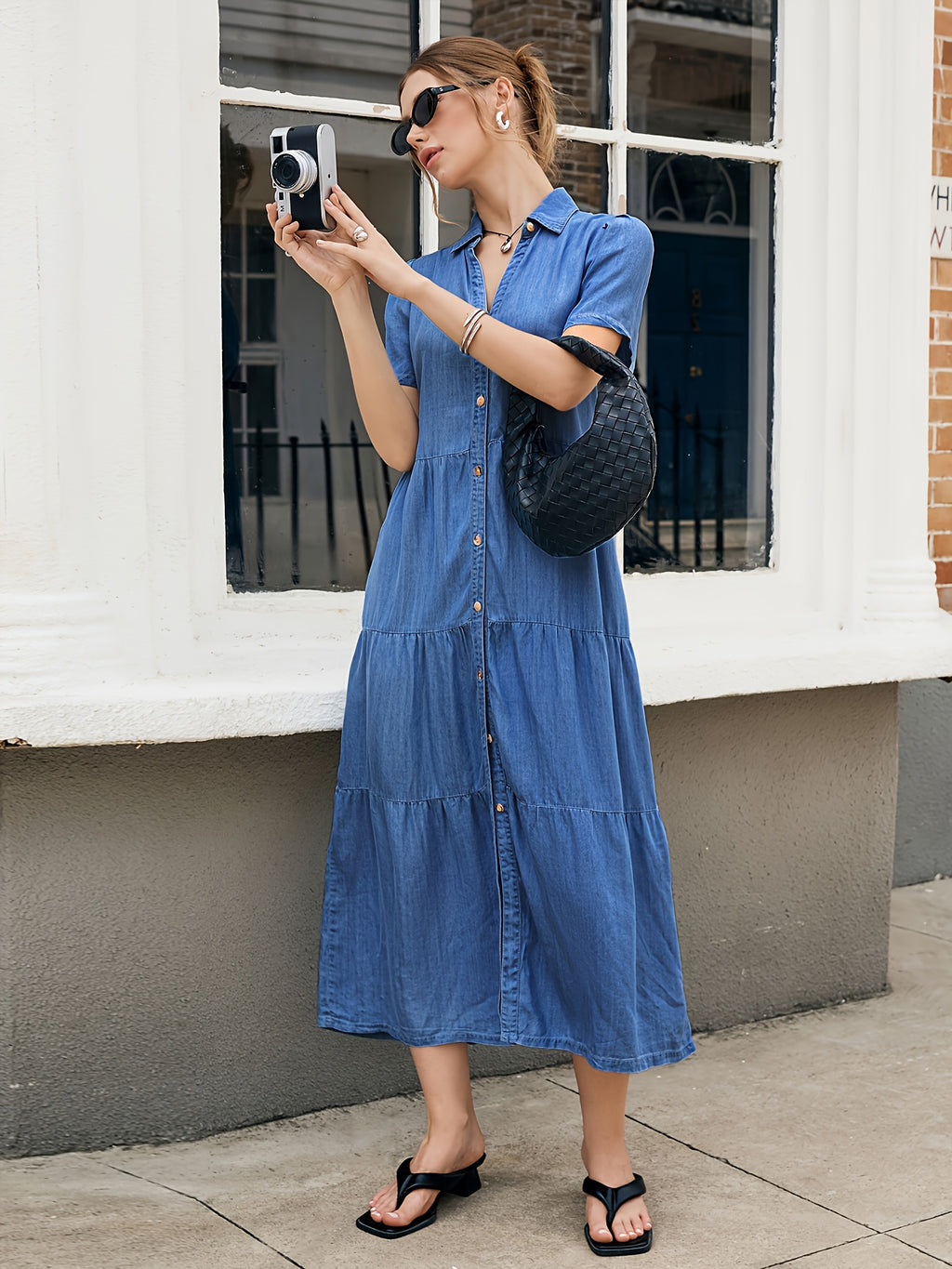 Lyocell Tiered Ruffle Hem Denim Dress Women V-Neck Short Sleeve Maxi Floor-Length Light Blue Casual Vacation All-Season Regular Fit