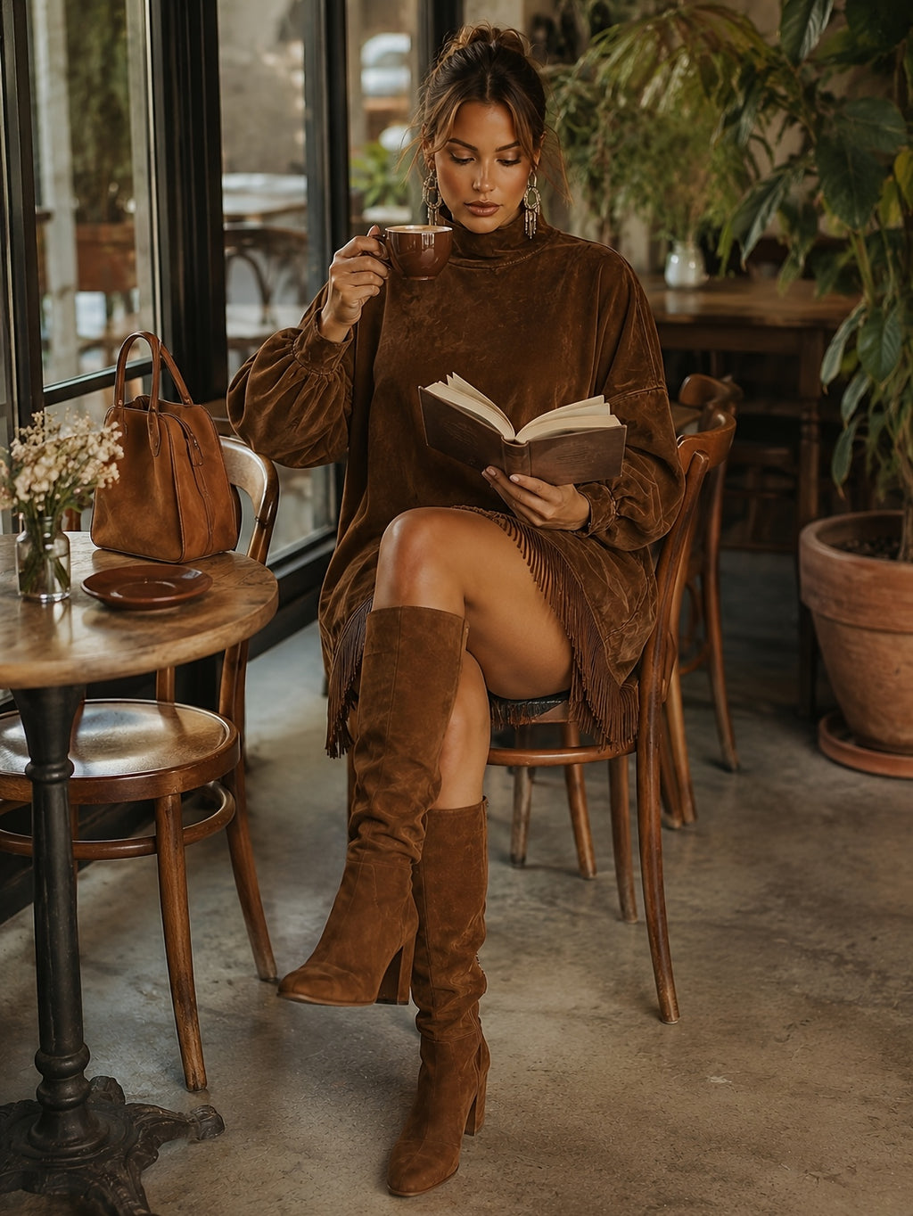 Fringed High Neck Long Sleeve Midi Dress Women | Retro Tassel Pleated Skirt | Loose Casual Dress XS-L