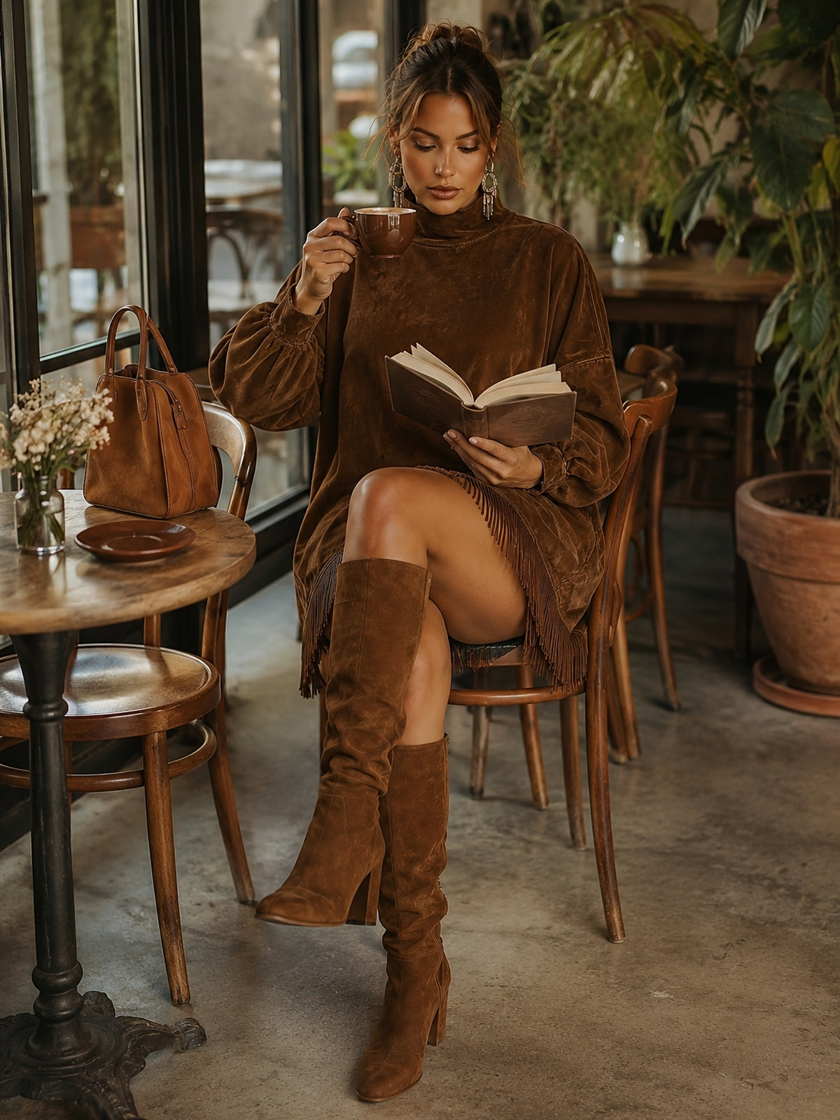 Fringed High Neck Long Sleeve Midi Dress Women | Retro Tassel Pleated Skirt | Loose Casual Dress XS-L