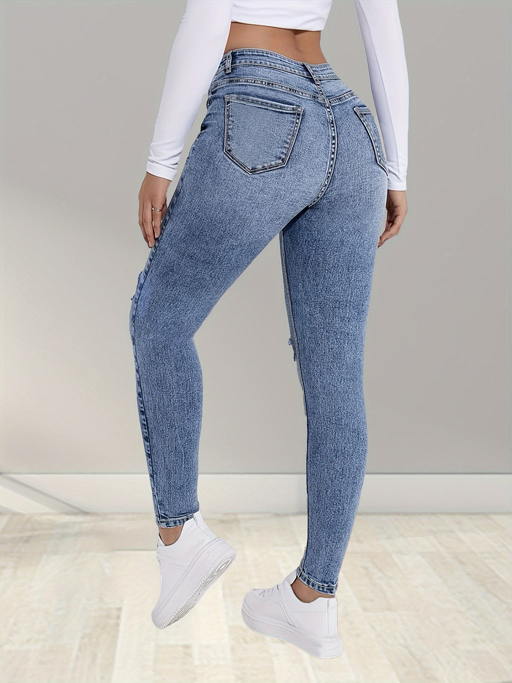 High Waist Elastic Waistband Stretch Jeans Women Classic Fit No Distressing Zip Fly Polyester Blend All Season Denim Pants