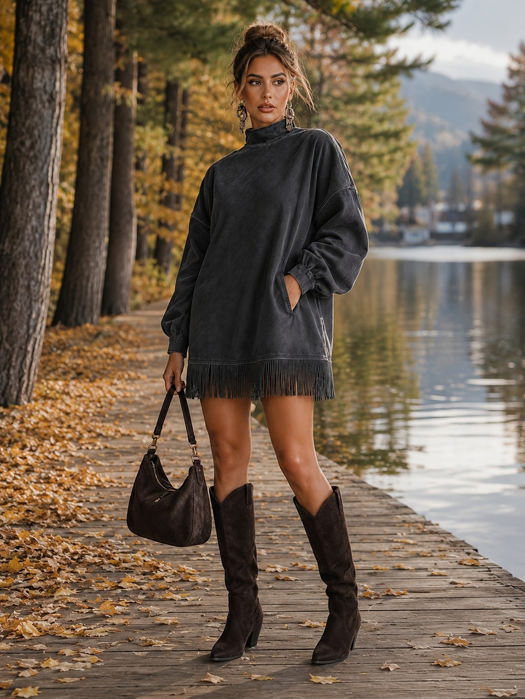 Fringed High Neck Long Sleeve Midi Dress Women | Retro Tassel Pleated Skirt | Loose Casual Dress XS-L