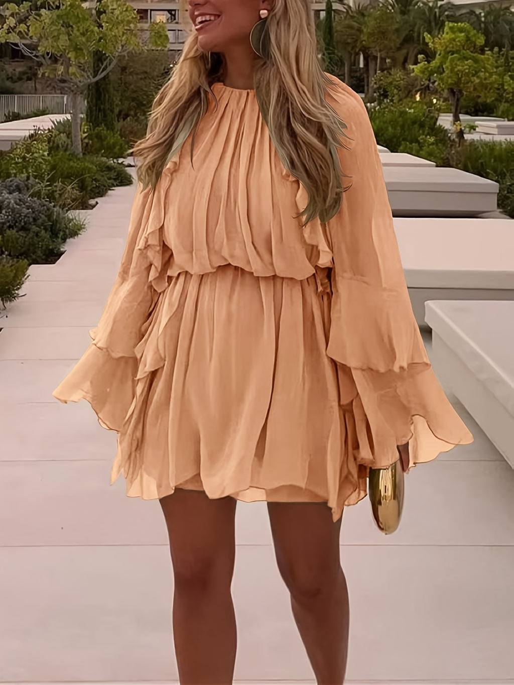Layered Ruffle Chiffon A-Line Dress Women Loose Flowy Semi-Sheer Casual Vacation Spring Summer Dress S-XXL