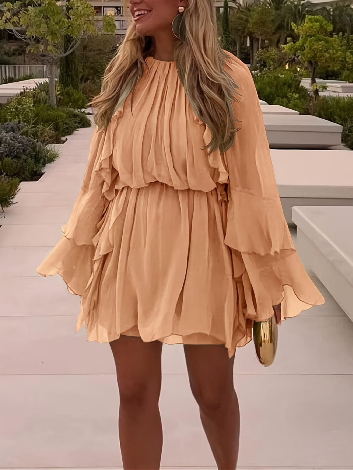 Layered Ruffle Chiffon A-Line Dress Women Loose Flowy Semi-Sheer Casual Vacation Spring Summer Dress S-XXL