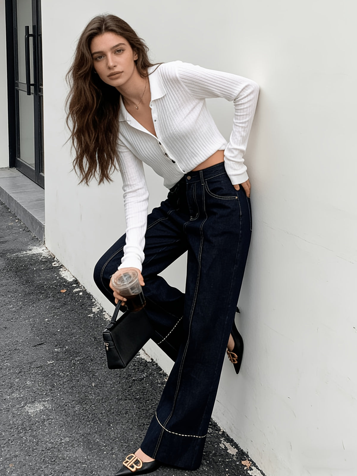 High Waist Straight Leg Jeans Women Dark Blue Retro White Stitch Loose Casual Denim Pants Pockets All Season S-XXL