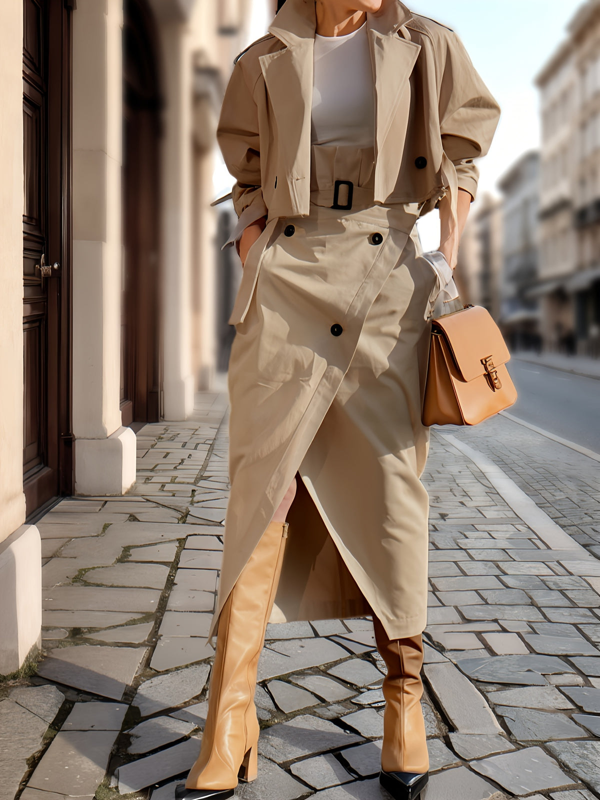 Women Suit Collar Jacket High Waist Skirt Two Piece Set Casual Solid Color Long Sleeve Work Outfit with Belt Khaki Apricot