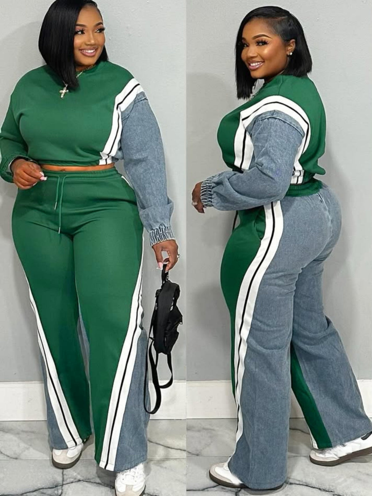 2pcs Tracksuit Set Women Color Block Contrast Stripe Cropped Top Wide-Leg Pants Casual Urban Streetwear Jogger Outfit
