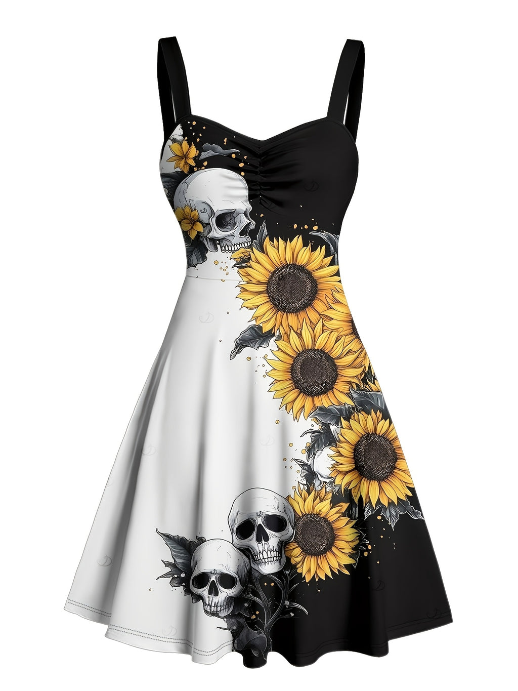 Gothic Sunflower Skull A-Line Mini Dress Women Sweetheart Spaghetti Strap Colorblock Ruched Belt Retro Halloween Dress S-XXL