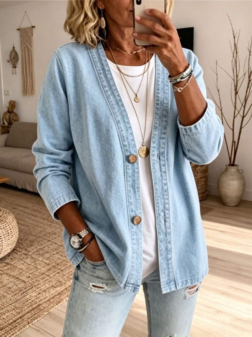 Women's V-Neck Denim Cardigan Jacket Open Front 3/4 Sleeve Loose Fit Button-Up Jean Coat Casual Lightweight Layering Top