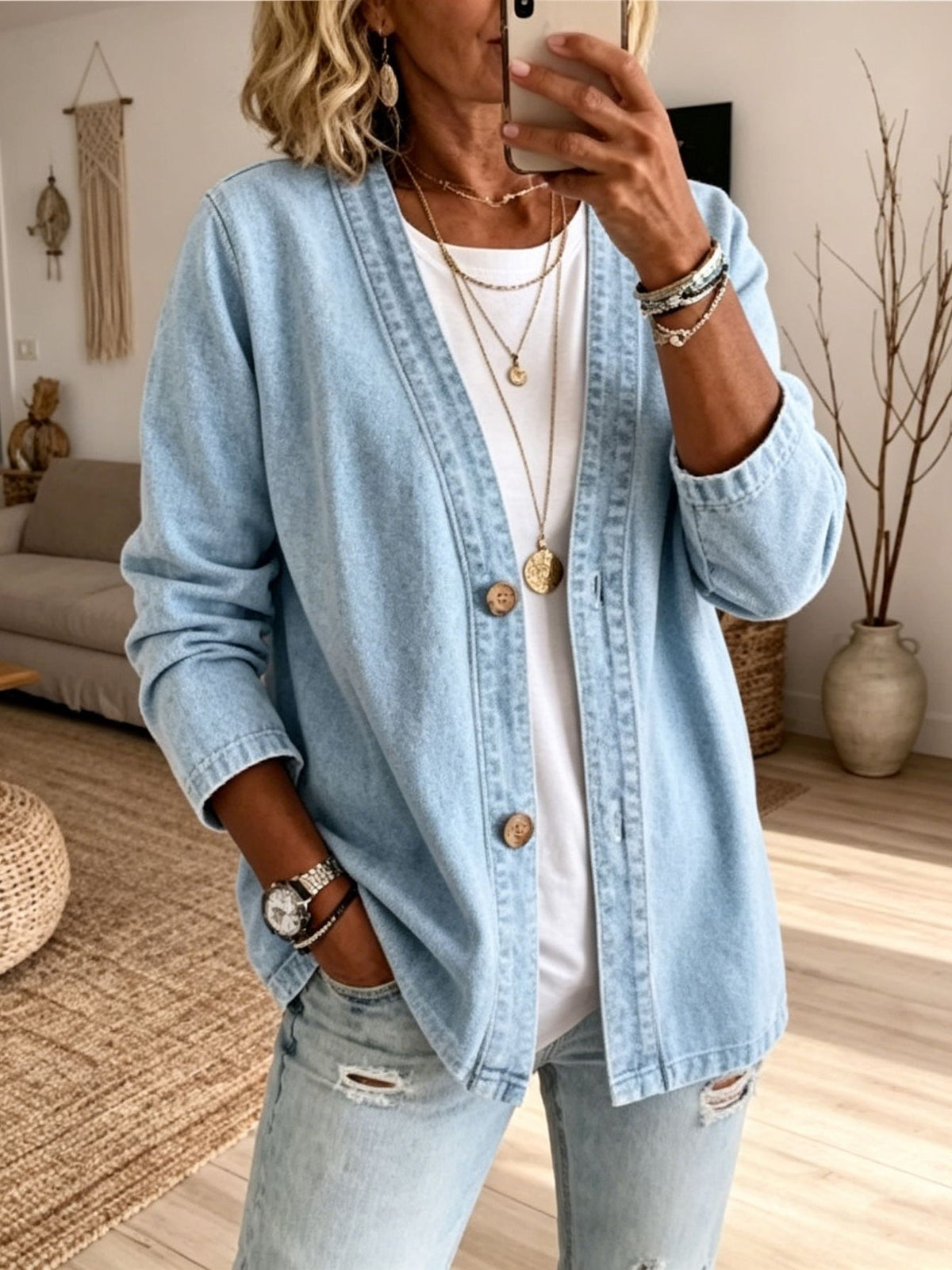 Women's V-Neck Denim Cardigan Jacket Open Front 3/4 Sleeve Loose Fit Button-Up Jean Coat Casual Lightweight Layering Top
