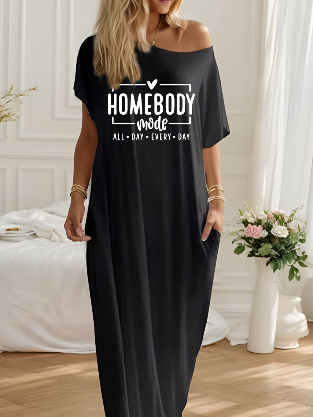 Women's Homebody Graphic Print Off-Shoulder Maxi Dress Short Sleeve Casual Lounge Dress Spring Summer Gift