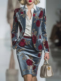 Women's Rose Flower Print 2-Piece Suit Blazer and Hip-Wrapped Skirt Set Vintage Elegant Evening Party Formal Occasion Outfit