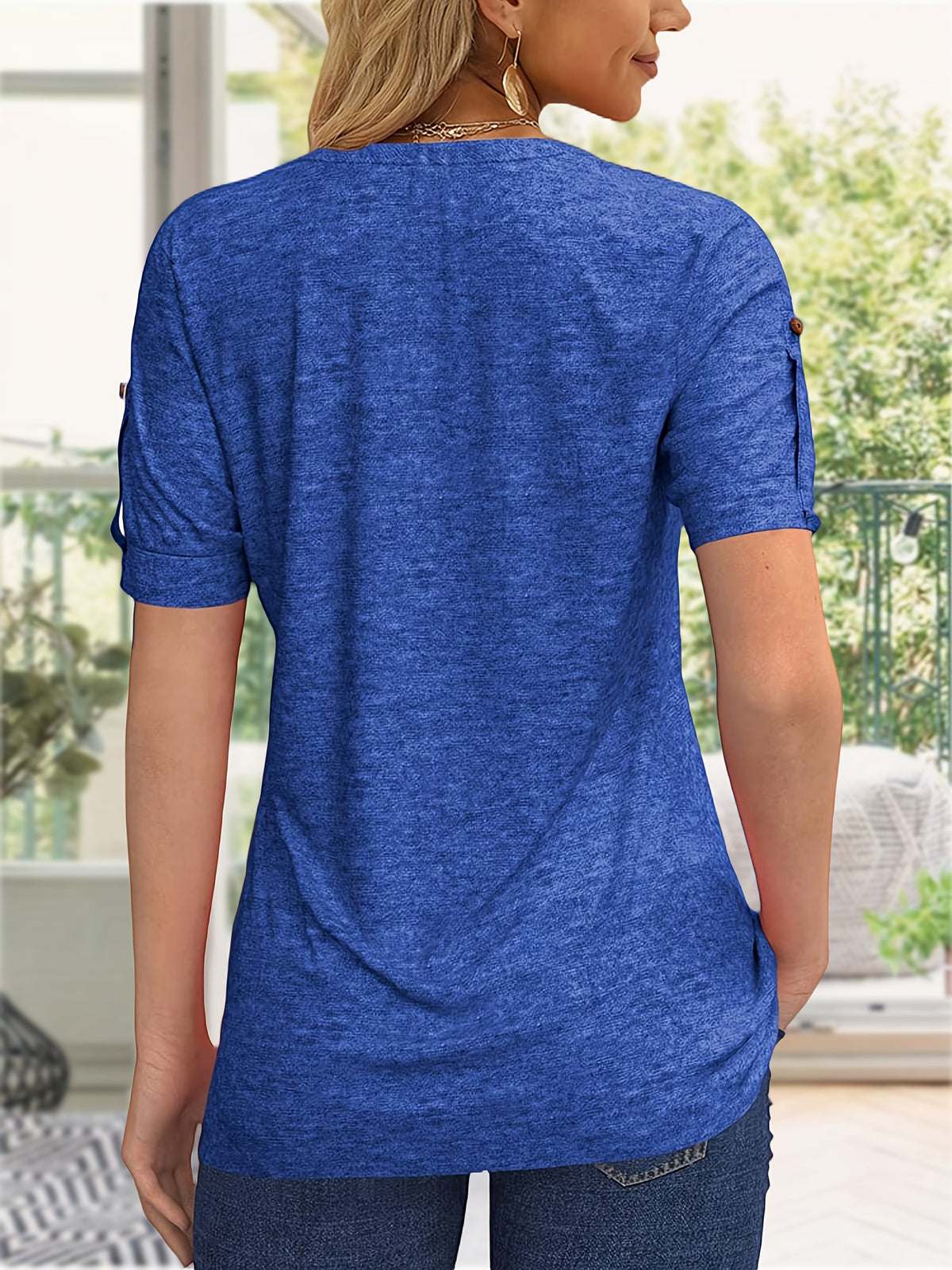 Button Front V-Neck Top Women Pleated Detail Short Sleeve Solid Color Casual Summer Blouse Lightweight Breathable Machine Washable