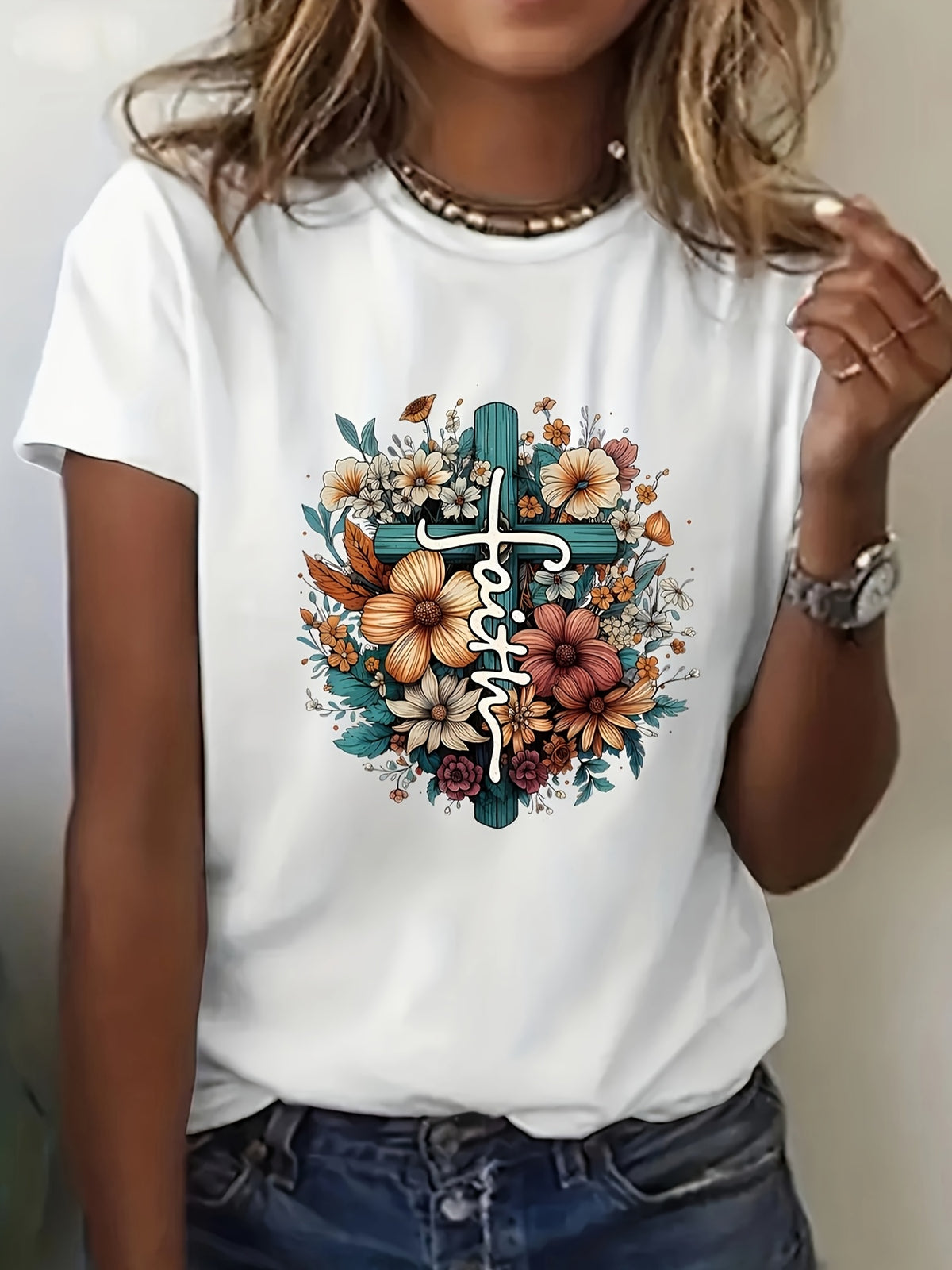 Women's Casual Letter Cross Floral Print T-Shirt Short Sleeve Round Neck Top | S-XXL Dark Gray Black White