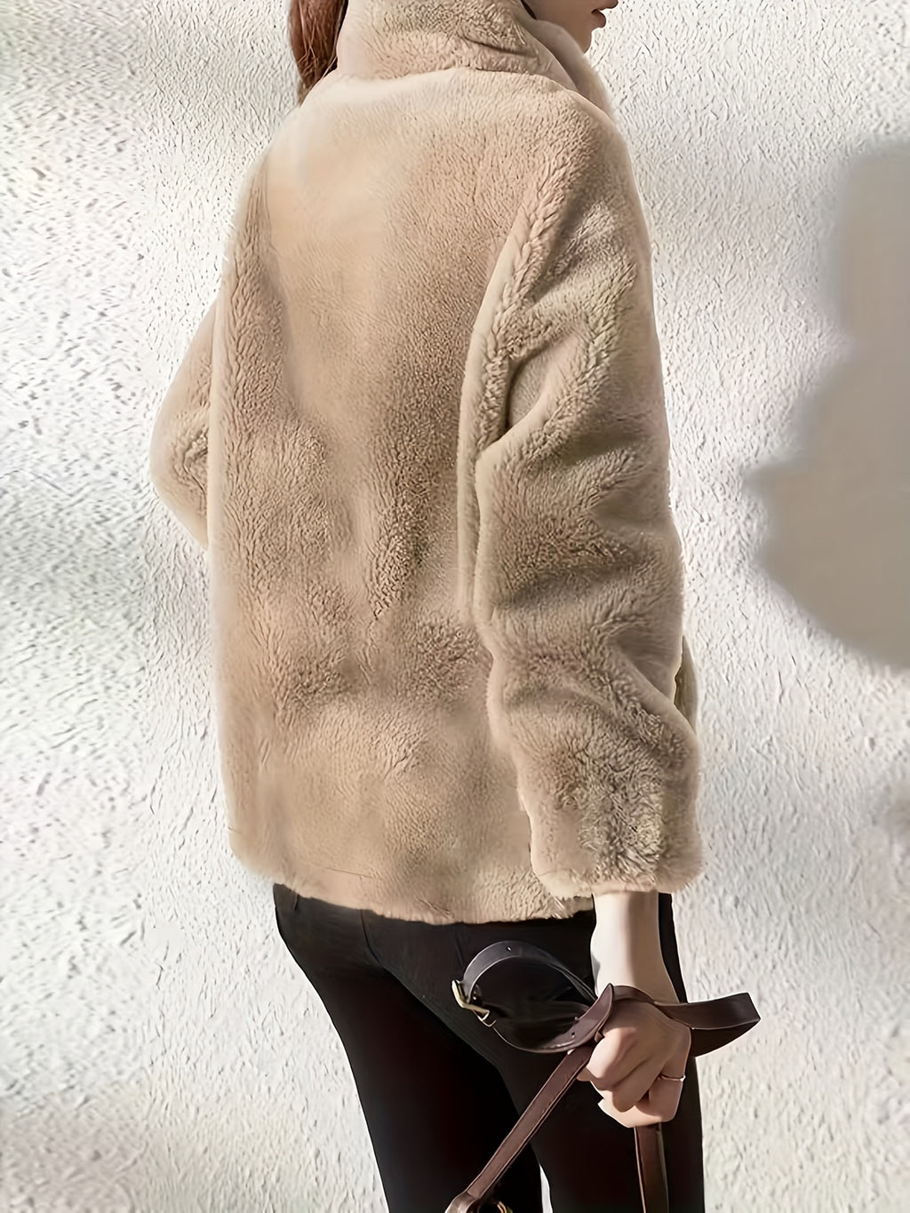 Plush Hooded Zip-Up Jacket for Women Solid Color Fuzzy Sherpa Coat Warm Winter Casual Daily