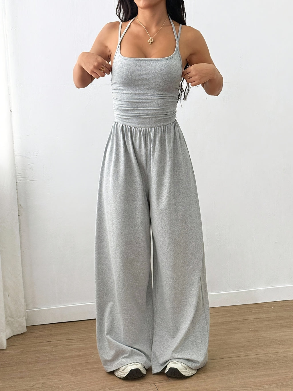 Pleated Loose Fit Jumpsuit Women Casual Wide Leg One Piece Outfit Spring Summer Light Grey Navy S-XL