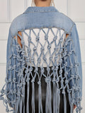 Back Tassel Knotted Denim Jacket Women Streetwear Street Style Fashion Jean Coat Casual Light Blue