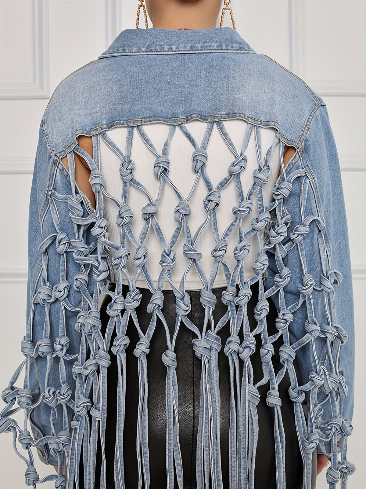 Back Tassel Knotted Denim Jacket Women Streetwear Street Style Fashion Jean Coat Casual Light Blue
