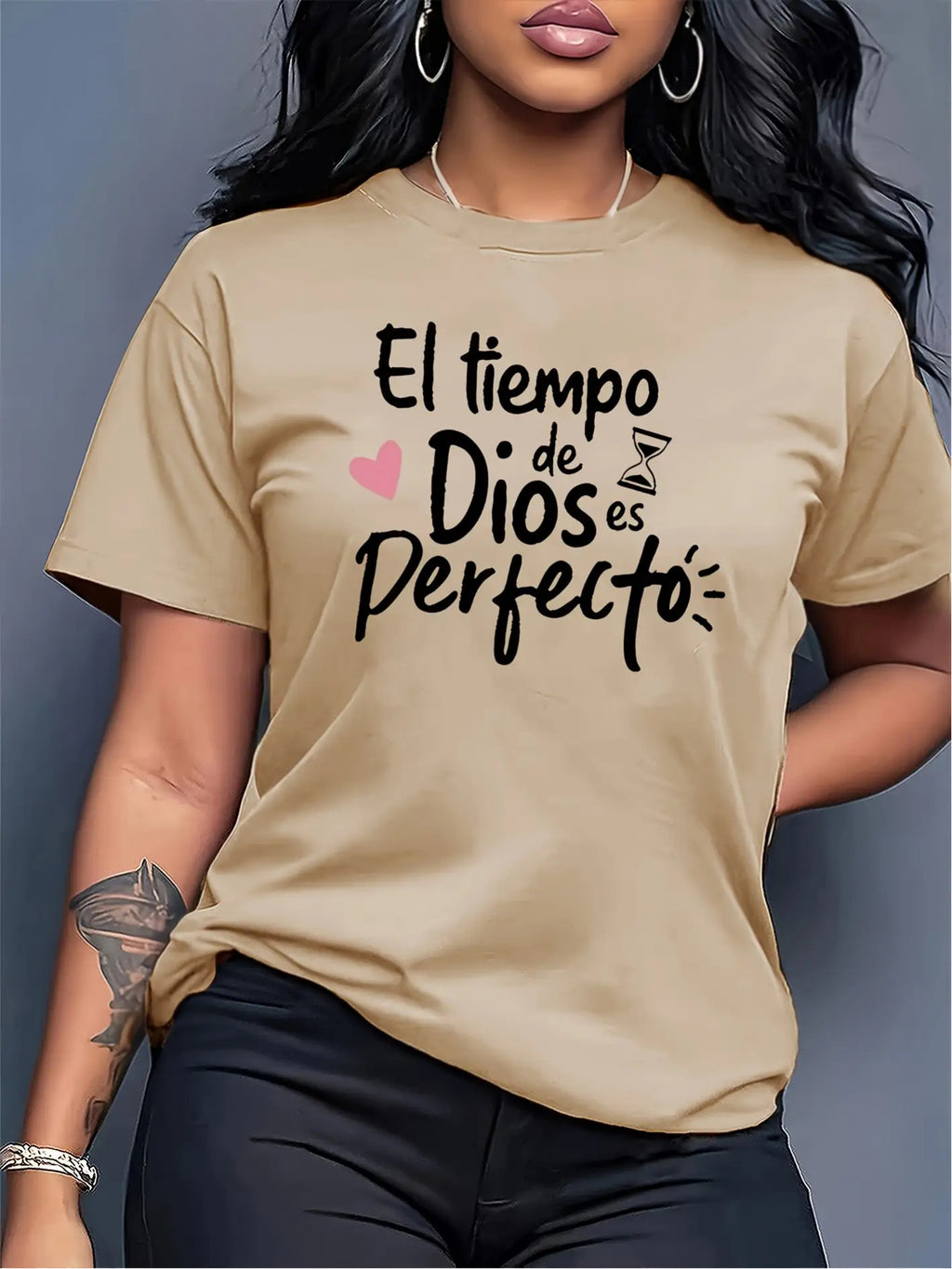 Olive Green Inspirational Graphic T-Shirt for Women – "God's Timing is Perfect" Letter Print Short Sleeve Casual Top, Soft Stretchy Machine Washable