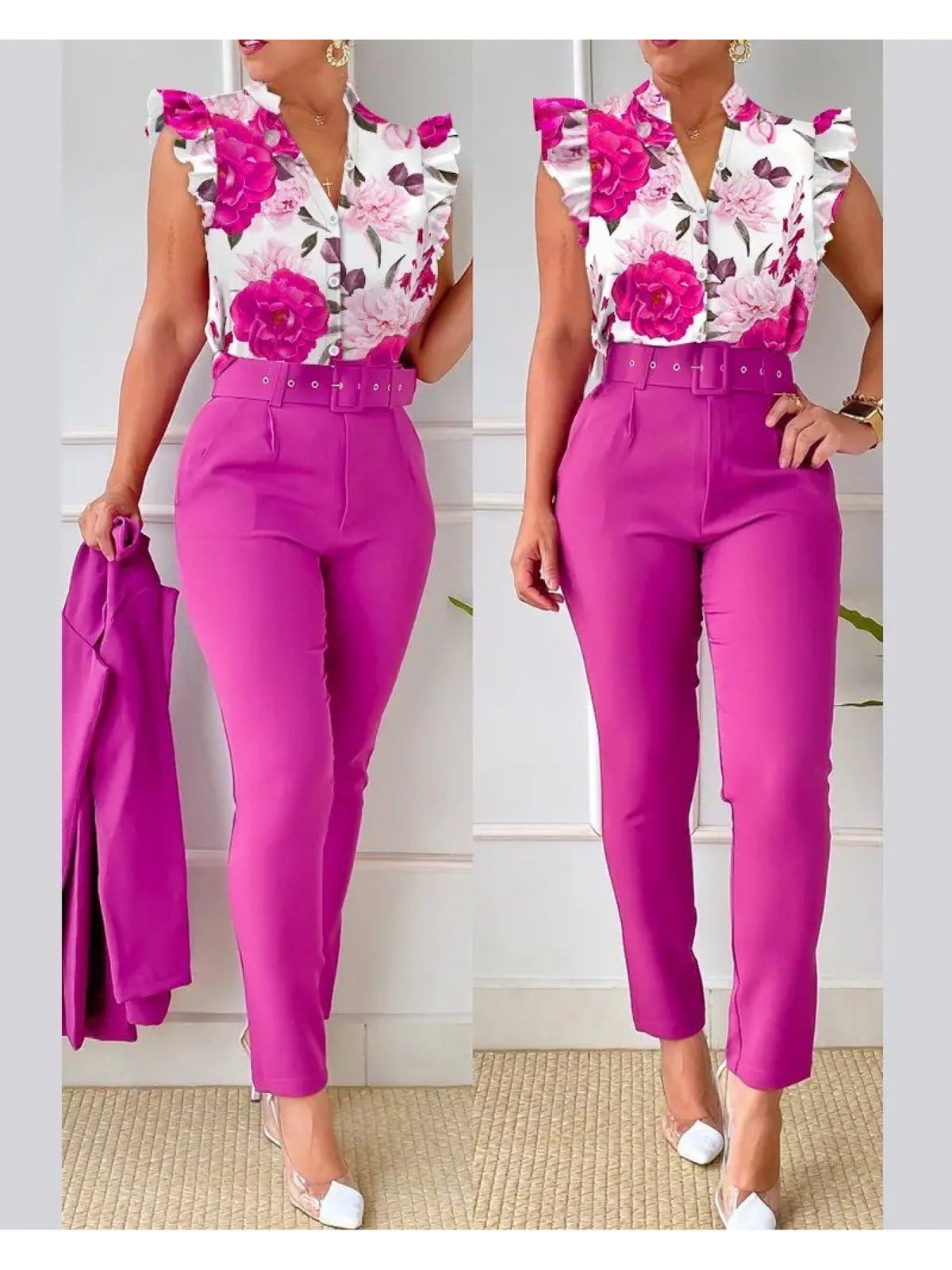 Printed Lotus Leaf Ruffle Sleeve Top Pants 2 Piece Set Women Belt Leopard Camo Print Spring Summer Outfit S-XXL