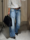 Wide Leg Gradient Jeans for Women – Retro Heavy-Duty Washed Denim, Light to Dark Blue Ombre, Sizes S-XXL