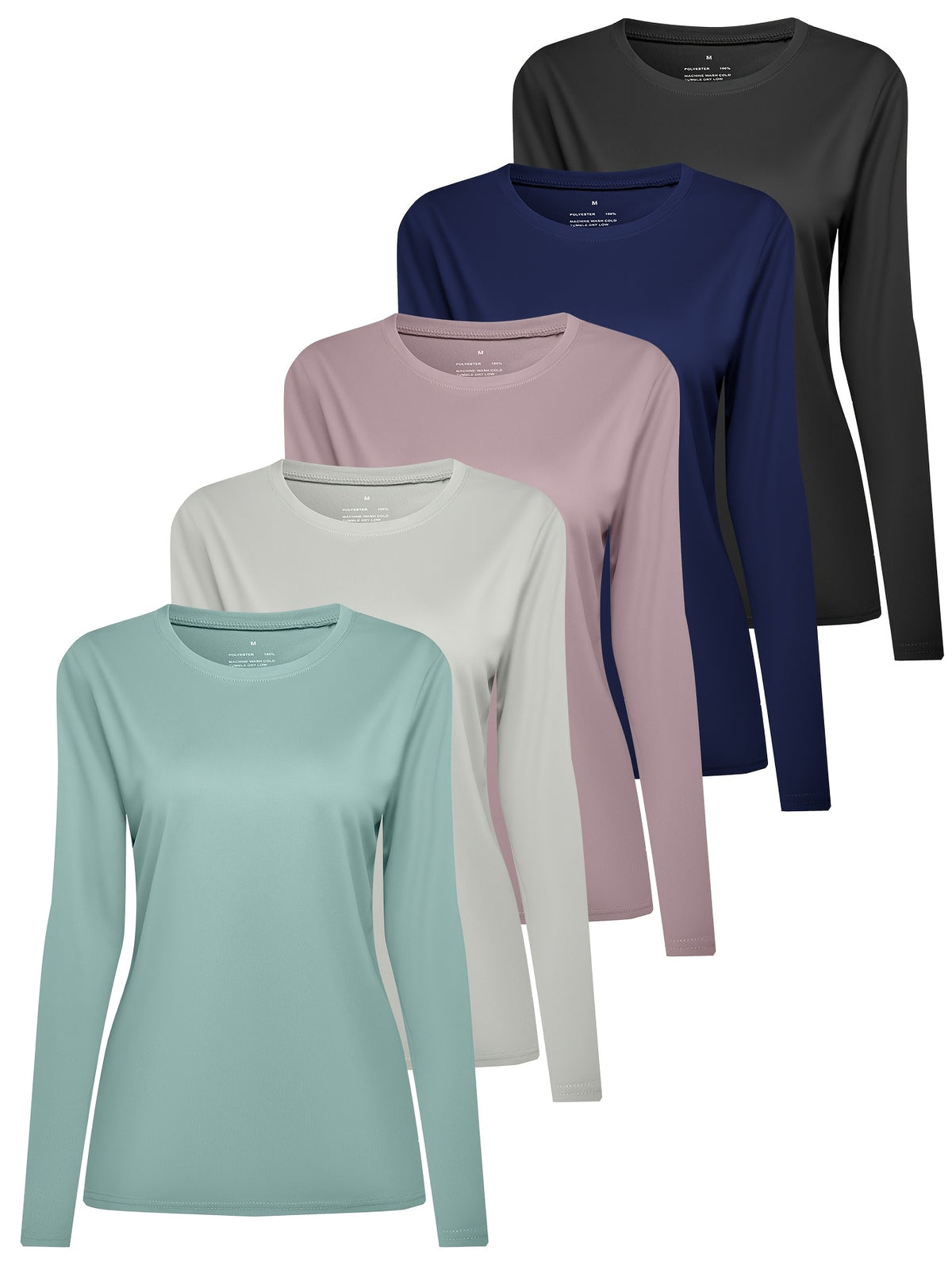 Women's Long Sleeve Active Sports T-Shirt 5-Pack – Moisture-Wicking Yoga Gym Workout Tee Set, Multiple Colors, Casual Everyday Wear