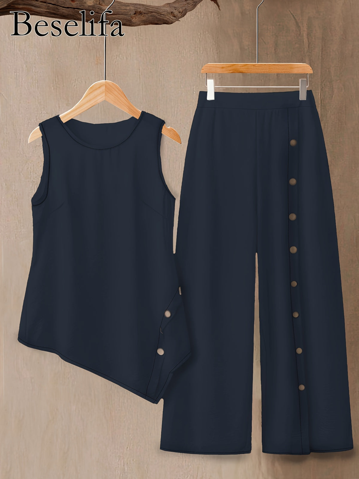 Women's 2 Piece Outfit Sleeveless Top and Pants Set Solid Color Round Neck Casual Elegant Summer Vacation Matching Set