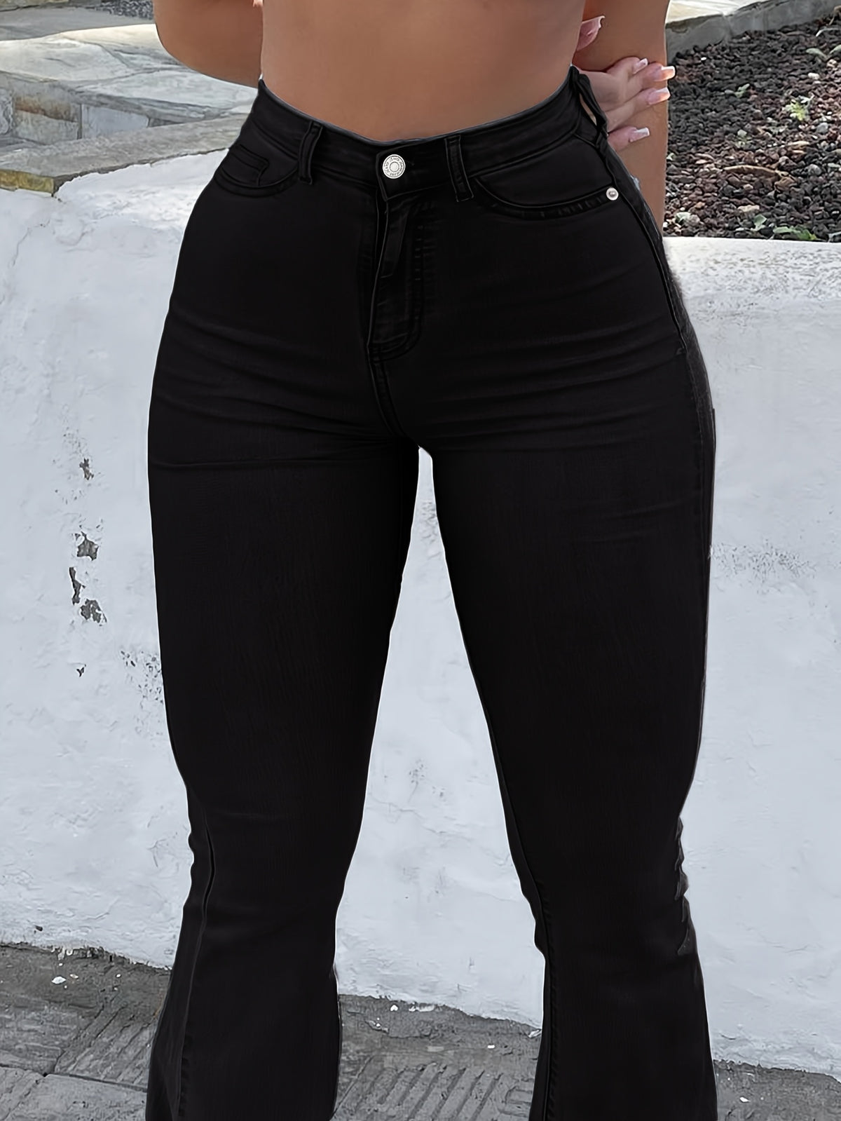 High Waist Stretch Flare Jeans Women Wide Leg Pants with Pockets – Solid Color Street Style, All-Season Comfortable Denim, Machine Washable