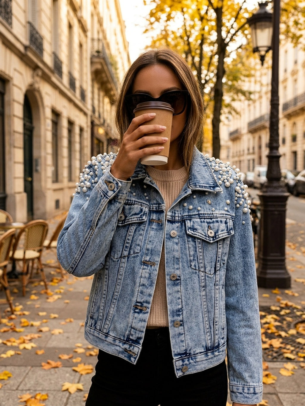 Pearl Neck Elastic Denim Jacket Women Loose Casual Long Coat Raglan Sleeve Lapel Flared Hem Light Blue Spring Autumn Outerwear