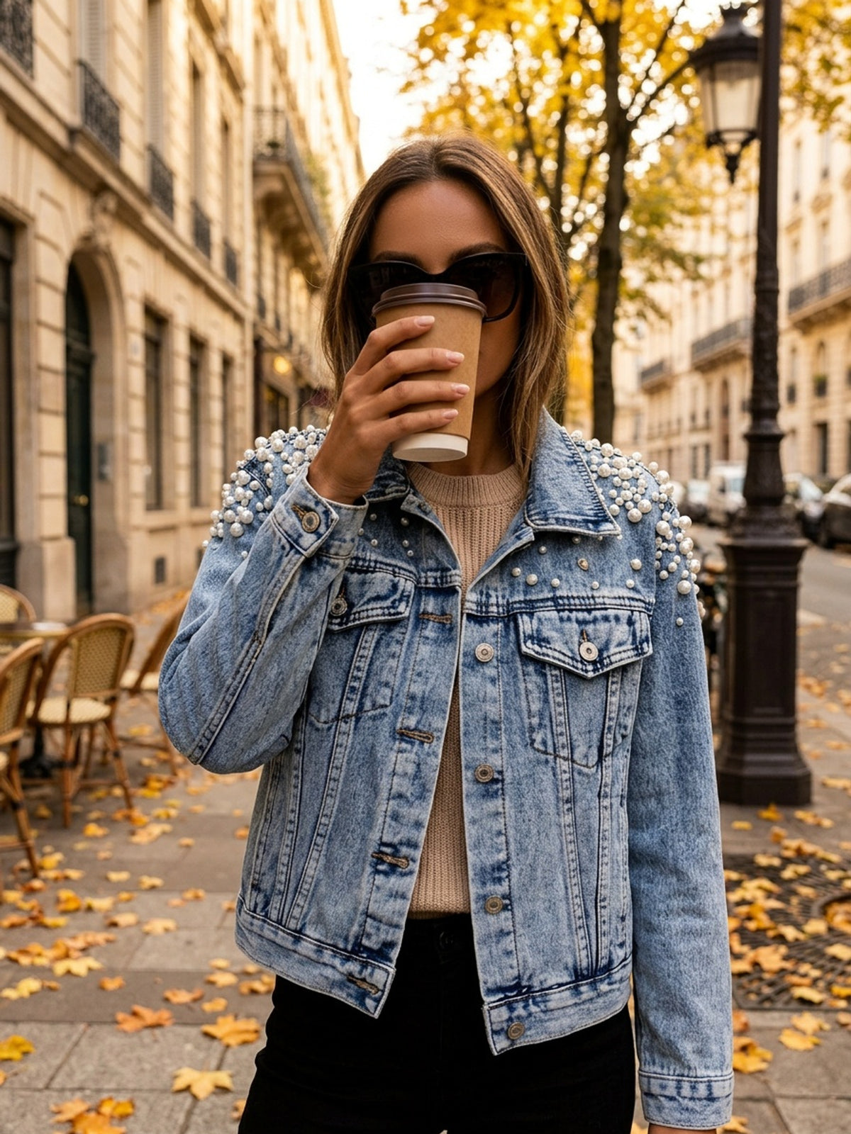 Pearl Neck Elastic Denim Jacket Women Loose Casual Long Coat Raglan Sleeve Lapel Flared Hem Light Blue Spring Autumn Outerwear