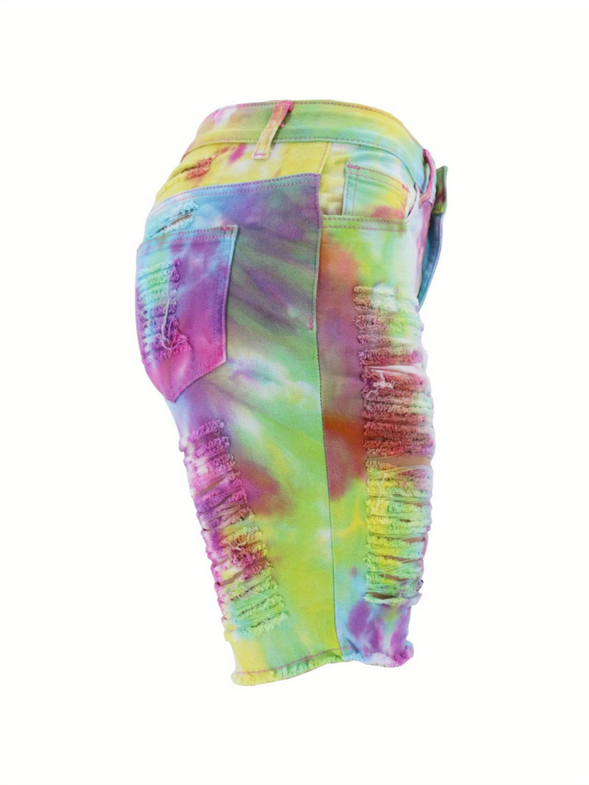 Ripped Denim Shorts Women Tie-Dye Distressed High Waist Mid Length Summer Edgy Trendy Jean Shorts Blue Pink Casual Streetwear Going Out