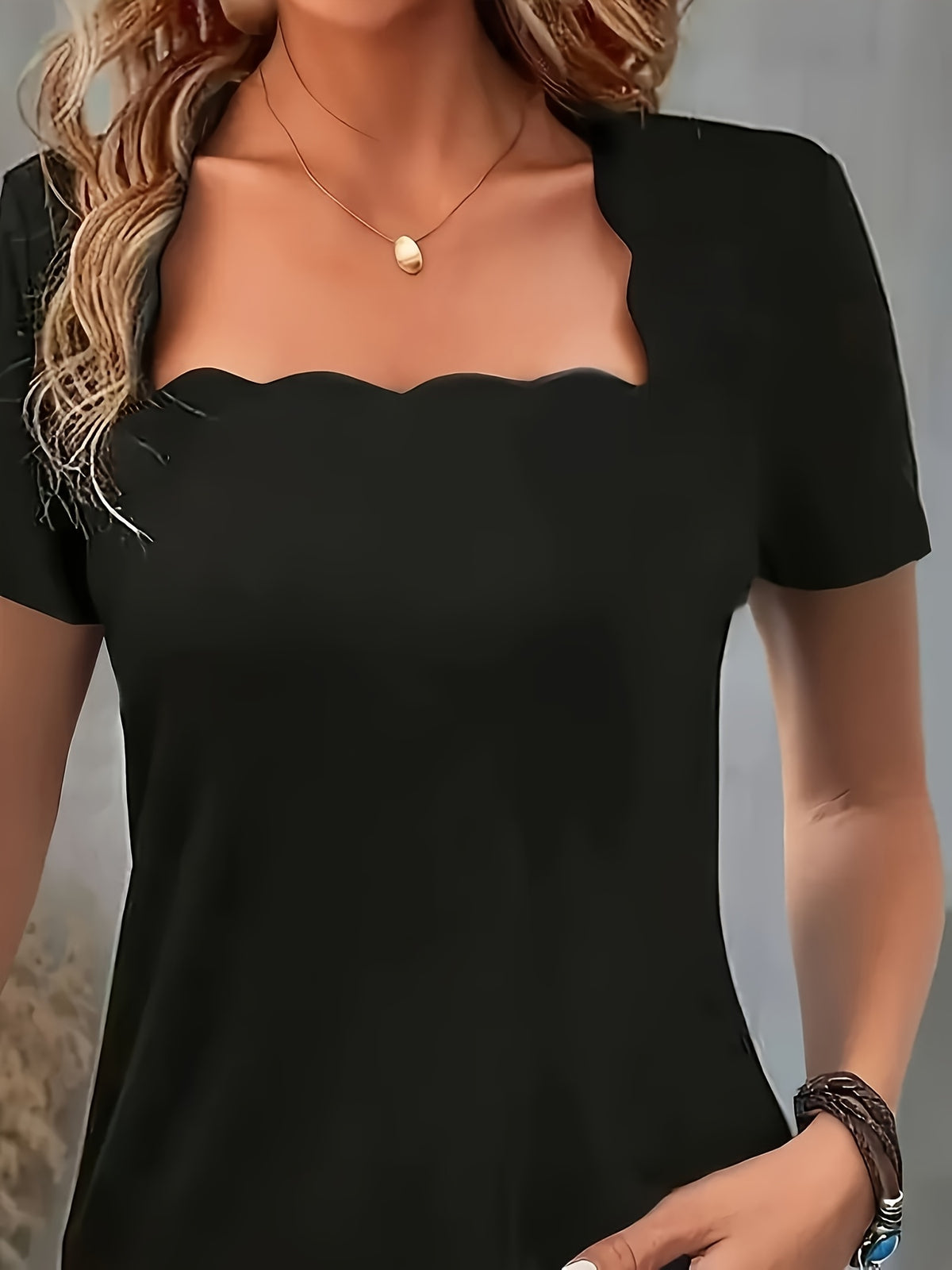 Square Neck T-Shirt Women Black Short Sleeve Casual Elegant Summer Daily Wear Machine Washable S-XXL