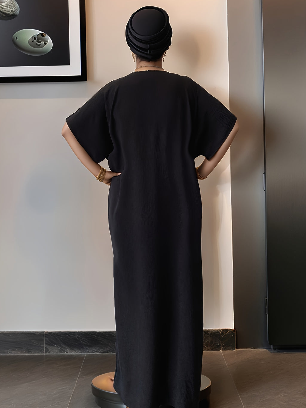 Women's Kaftan Dress Muslim Short Sleeve Round Neck Modest Robe for Hajj Eid Wedding Everyday Wear Year-Round Comfortable Cultural Dress for Women