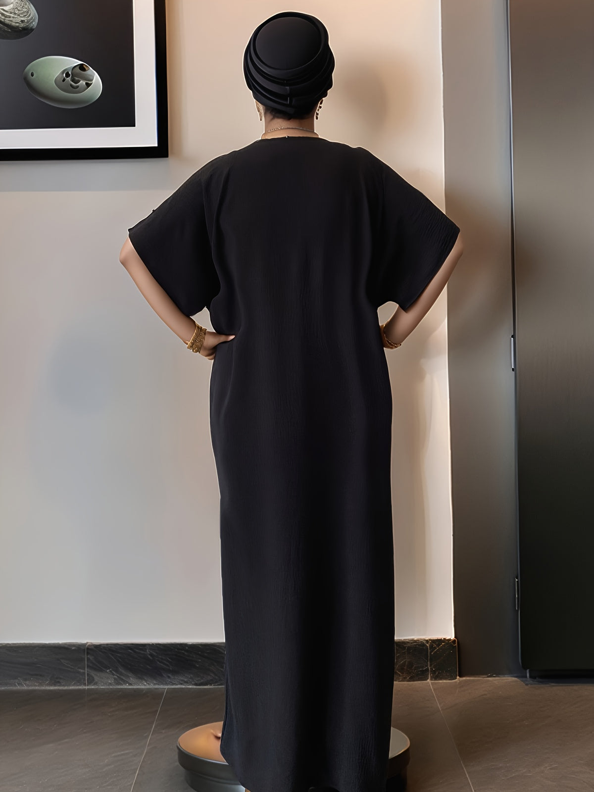 Women's Kaftan Dress Muslim Short Sleeve Round Neck Modest Robe for Hajj Eid Wedding Everyday Wear Year-Round Comfortable Cultural Dress for Women