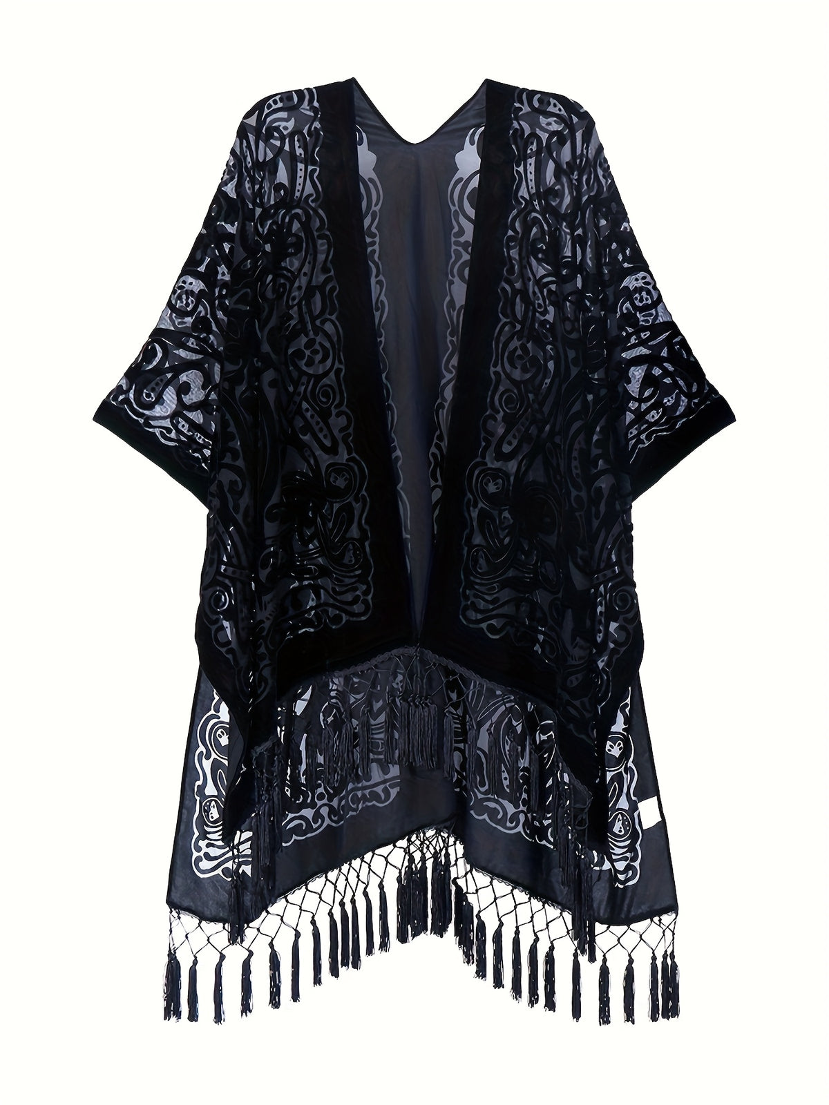 Boho Burnout Velvet Kimono Women Long Cardigan Cover Up Tassel Floral Embroidered One Size