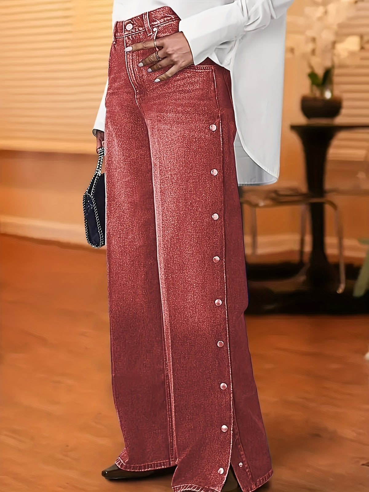 High Waist Wide Leg Denim Jeans Women Side Snap Buttons Loose Fit Casual Pants 2 Colors S-XXL