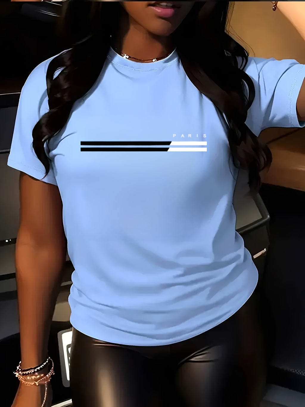 Women's Anime Alphabet Graphic Print Round Neck T-Shirt 180g Short Sleeve Smooth Knit Casual Spring Summer Tee