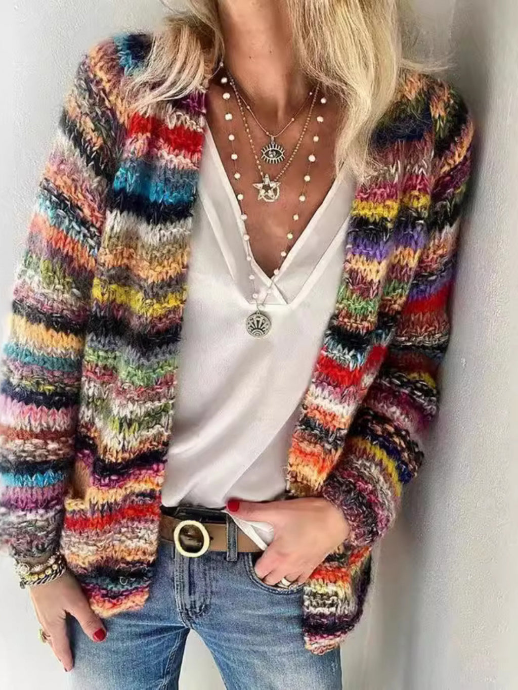 Colorful Y2K Pattern Open-Front Cardigan for Women – Fun Bright Large Print Knit Sweater, Retro Aesthetic Oversized Coat for Casual & Festival Wear