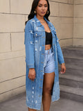 Long Ripped Washed Denim Jacket Women Real Pockets Lapel Collar Casual Windbreaker Spring Fall Light Blue Dark Blue