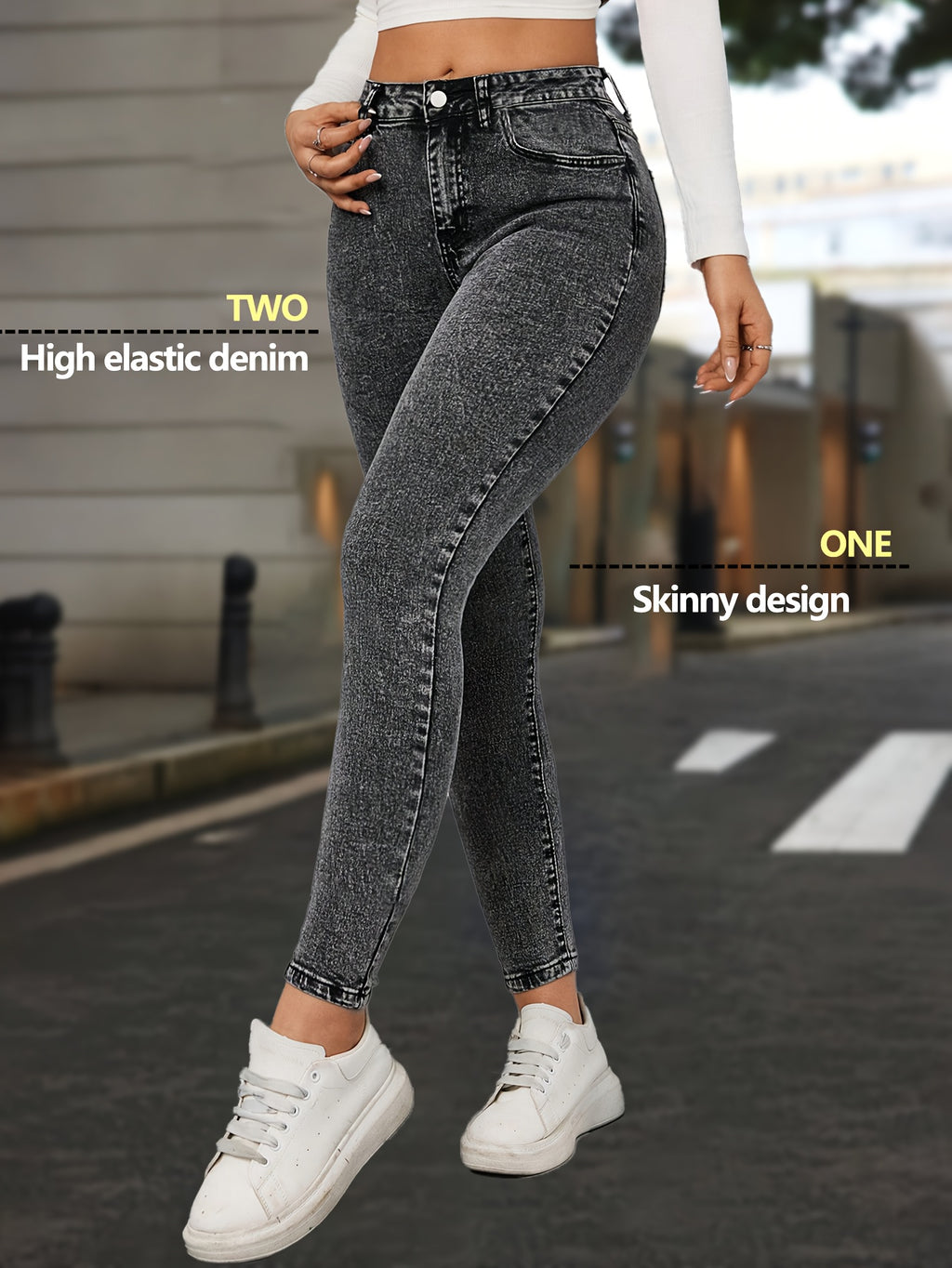 Black Distressed Hem Skinny Jeans Women High Waist Stretch Denim Pants Y2K Vintage Casual Street Style Button Fly Comfortable Elastic Fabric Fashion Trousers XS-XXL