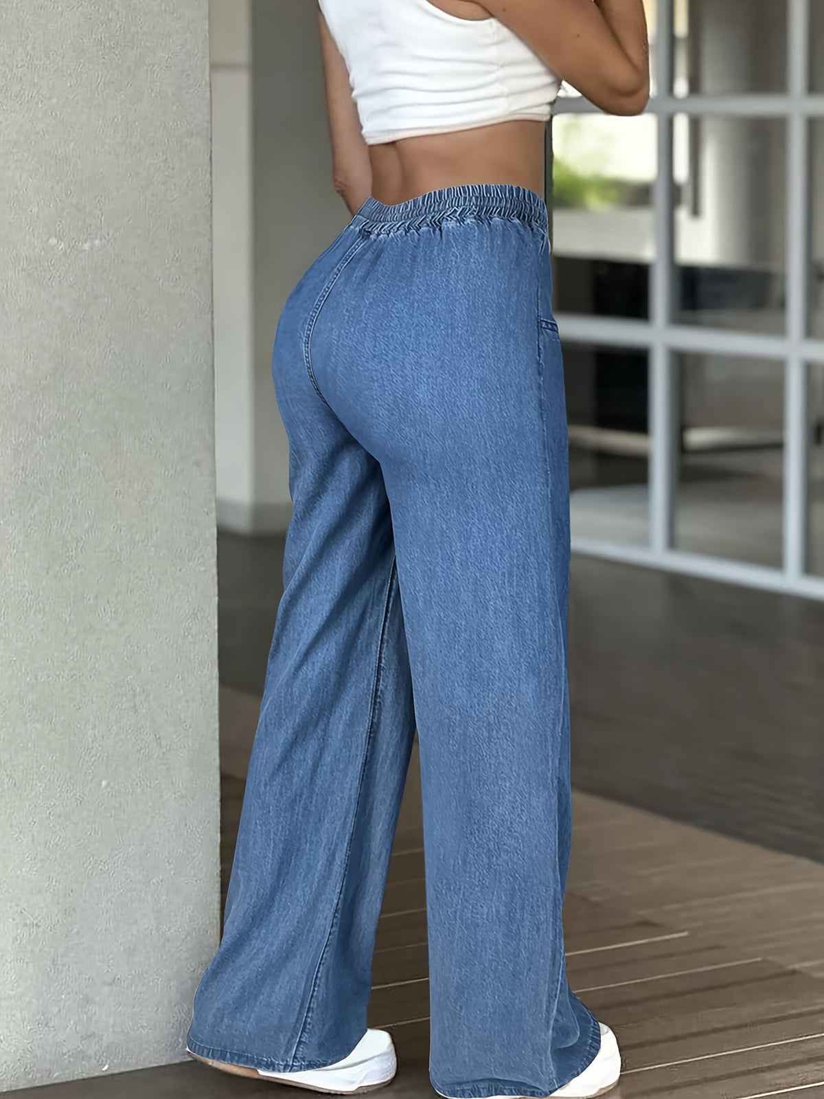 High-Waisted Wide-Leg Jeans for Women - Drawstring Elastic Waistband Loose Straight Leg Denim Trousers, Lightweight Lyocell Blend Casual Pants for Everyday All-Season Wear