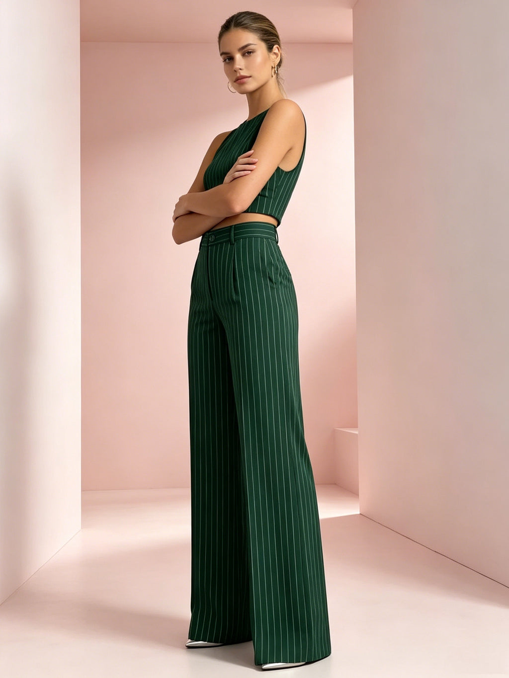 Striped Wide Leg Pants 2 Piece Set Women - High Waist Loose Fit Elegant Casual Outfit with Asymmetrical Pockets, All Season Polyester Machine Washable Work & Daily Fashion Set