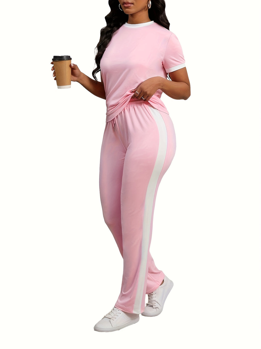 Women Colorblock 2 Piece Tracksuit Set Short Sleeve Crew Neck Top Striped Sweatpants Casual Lounge Jogger Matching Outfit for Workout Everyday Wear