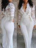 White Lace Bodysuit Wide Leg Pants Set Women Deep V Neck Sheer Long Sleeve Vintage Sexy Party 2pcs Outfit