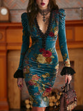 Velvet Bodycon Midi Dress Women Deep V-Neck Floral Print Lace Trim Puff Sleeve Retro Elegant Party Date Evening Dress Teal 2025