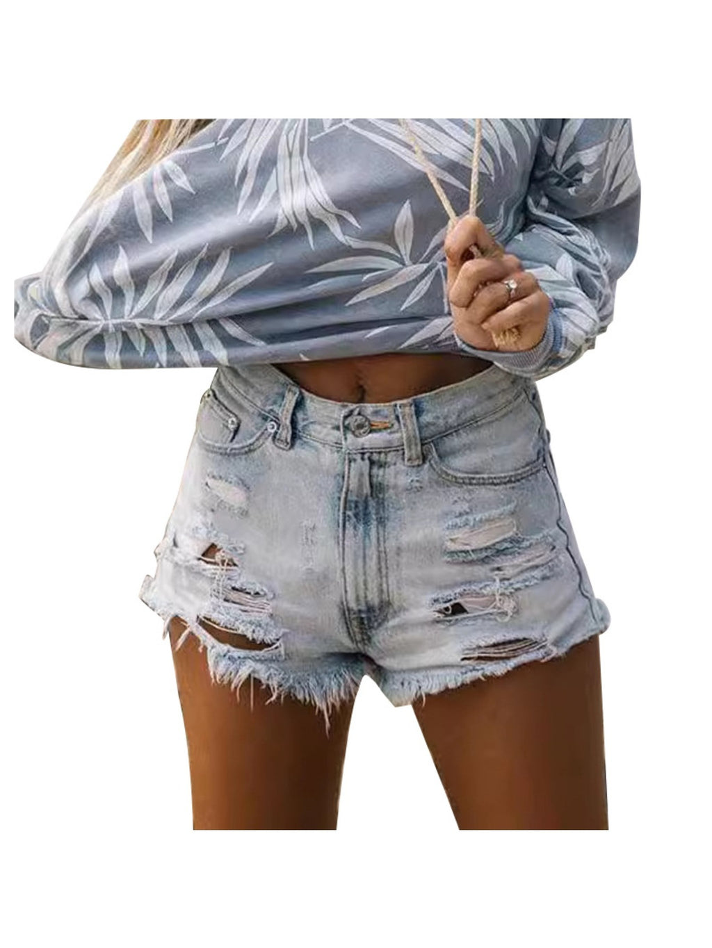 High Waisted Ripped Denim Shorts Women Frayed Hem Tassel Distressed Stretch Fit Light Blue Summer Casual S-XXL