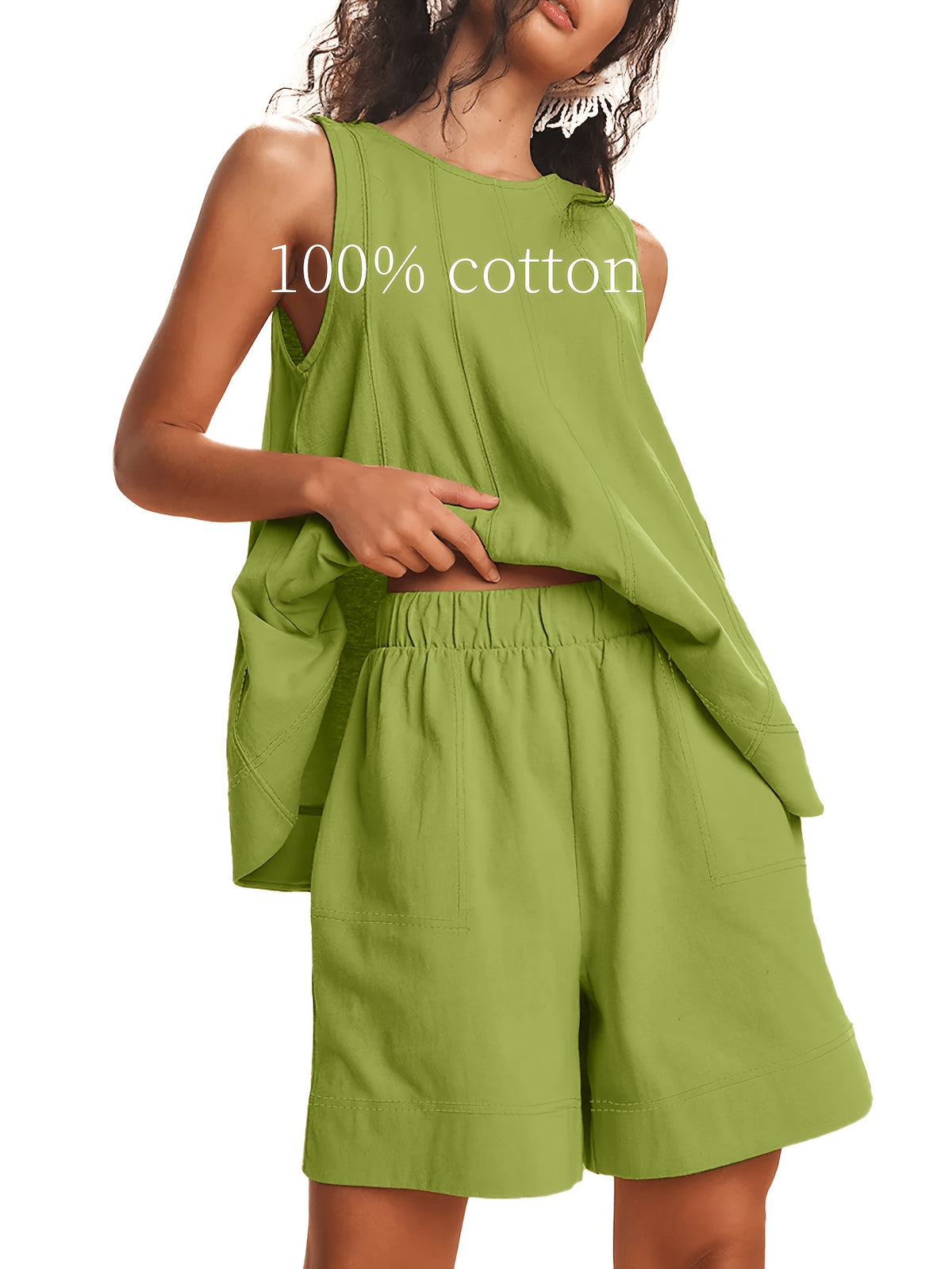 Women's 2-Piece Matching Set Sleeveless Tank Top & High Waist Shorts with Pockets Contrast Stitching