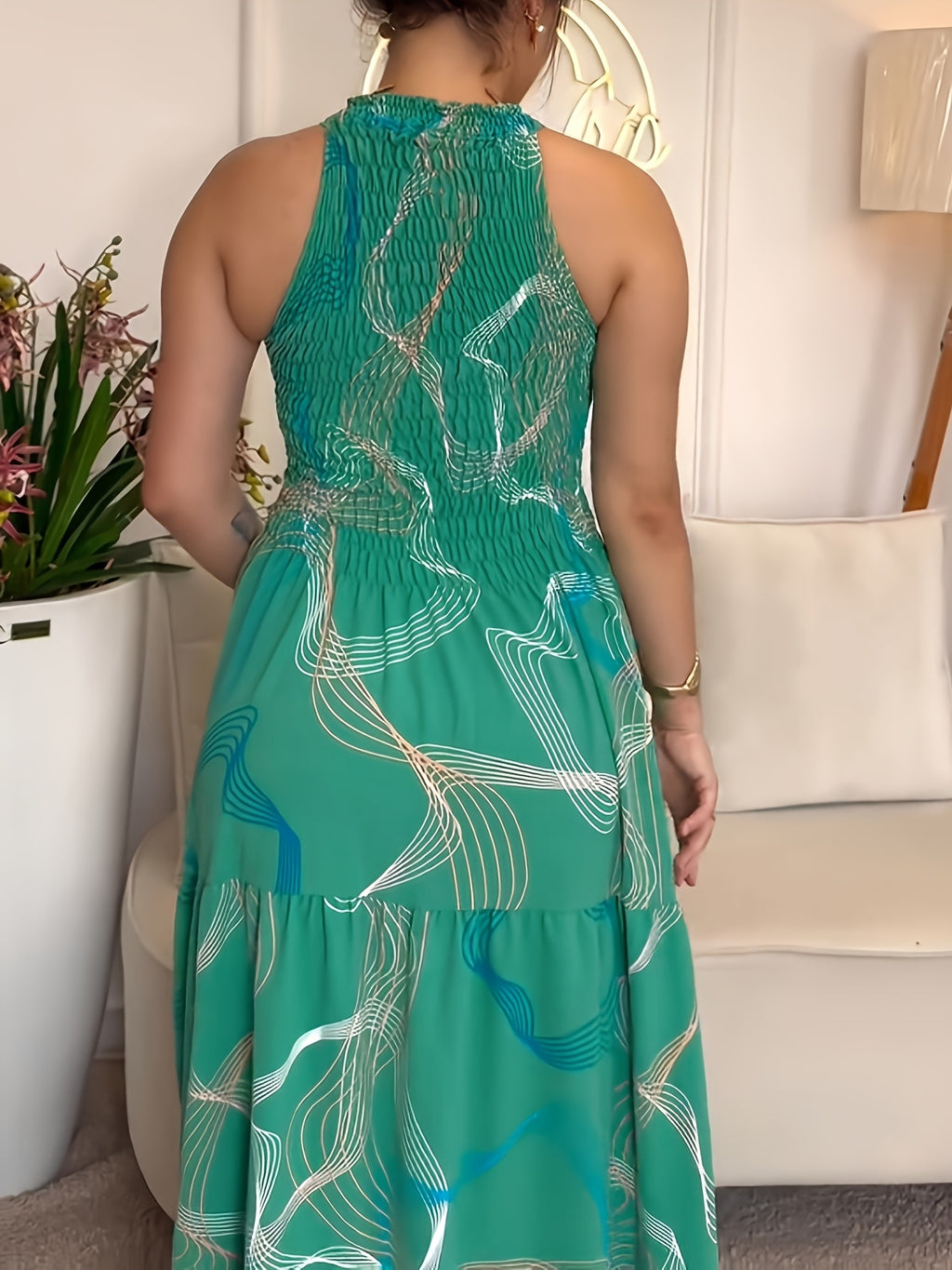 Abstract Print Halter Maxi Dress for Women | Sleeveless Fit Flare Summer Dress | Shirred Waist Ruffled Hem Long Dress | Geometric Print Boho Sundress Women