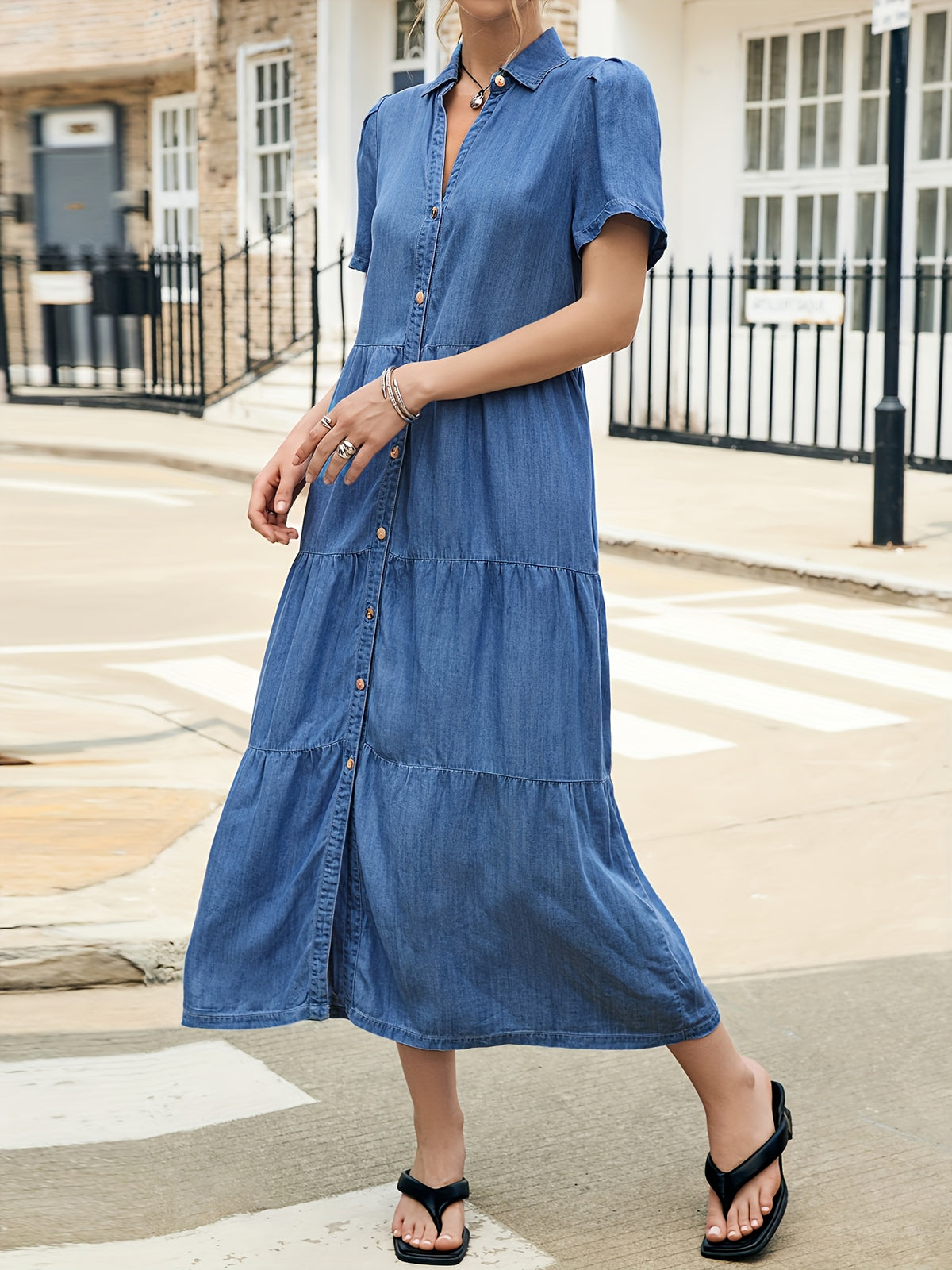 Lyocell Tiered Ruffle Hem Denim Dress Women V-Neck Short Sleeve Maxi Floor-Length Light Blue Casual Vacation All-Season Regular Fit