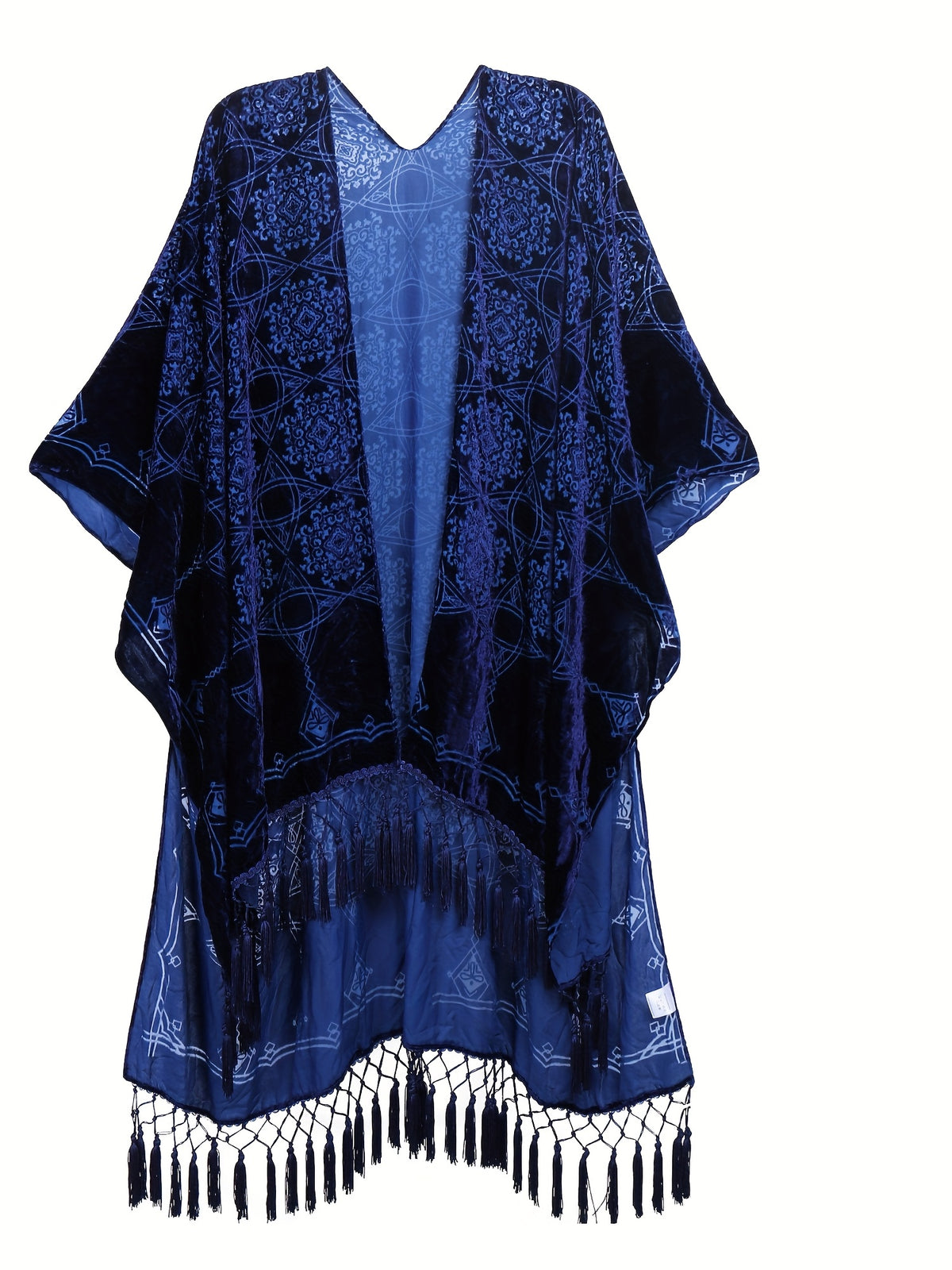 Boho Burnout Velvet Kimono Women Long Cardigan Cover Up Tassel Floral Embroidered One Size