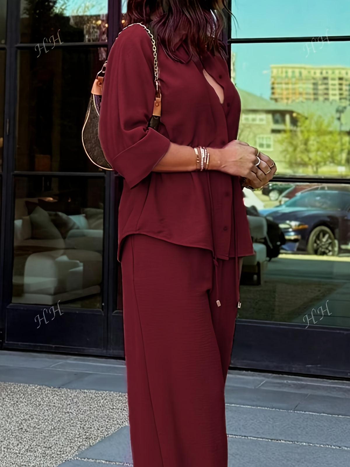 Khaki Shirt-Style Top & Wide-Leg Pants 2-Piece Set for Women – Drawstring Adjustable Waist Casual Outfit for Outings, Daily Commute & Light Social Occasions